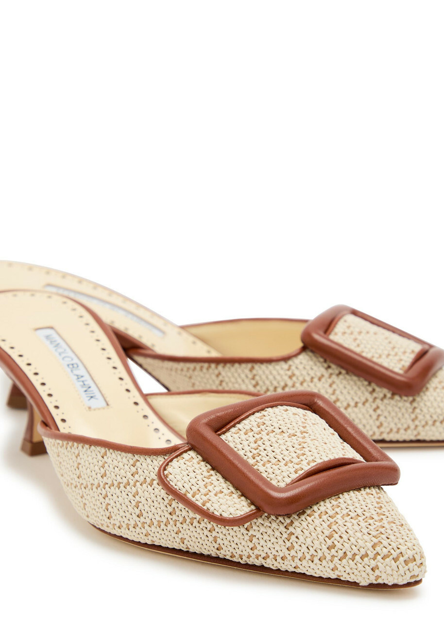 Manolo Blahnik Maysalebi 50 Raffia and Leather Mules Beige