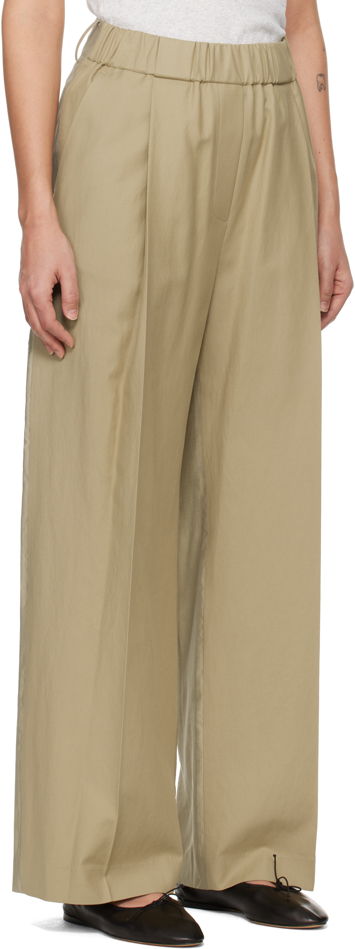 RECTO Beige Contrast Back Banding Wide Trousers