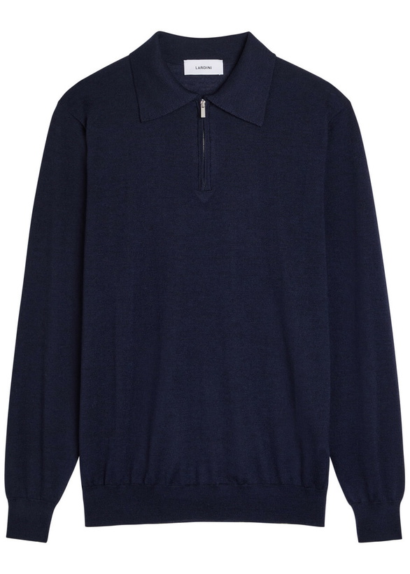 Photo: Lardini Fine-knit Wool-blend Polo Shirt Navy
