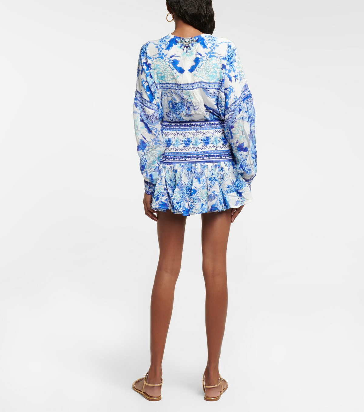 Camilla Smocked floral silk miniskirt