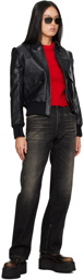 R13 Black Flat Sleeve Leather Bomber Jacket