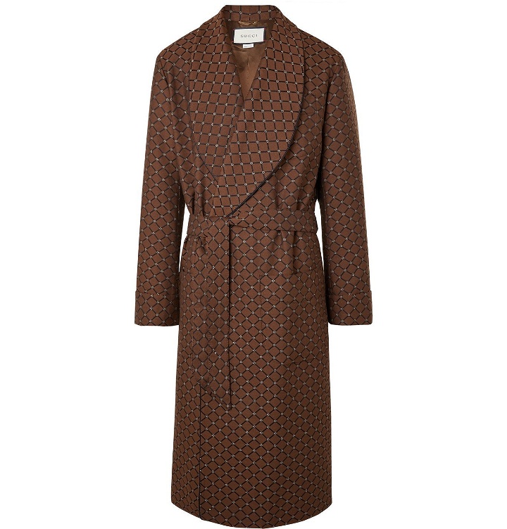 Photo: Gucci - Shawl-Collar Belted Piped Logo-Jacquard Twill Coat - Brown