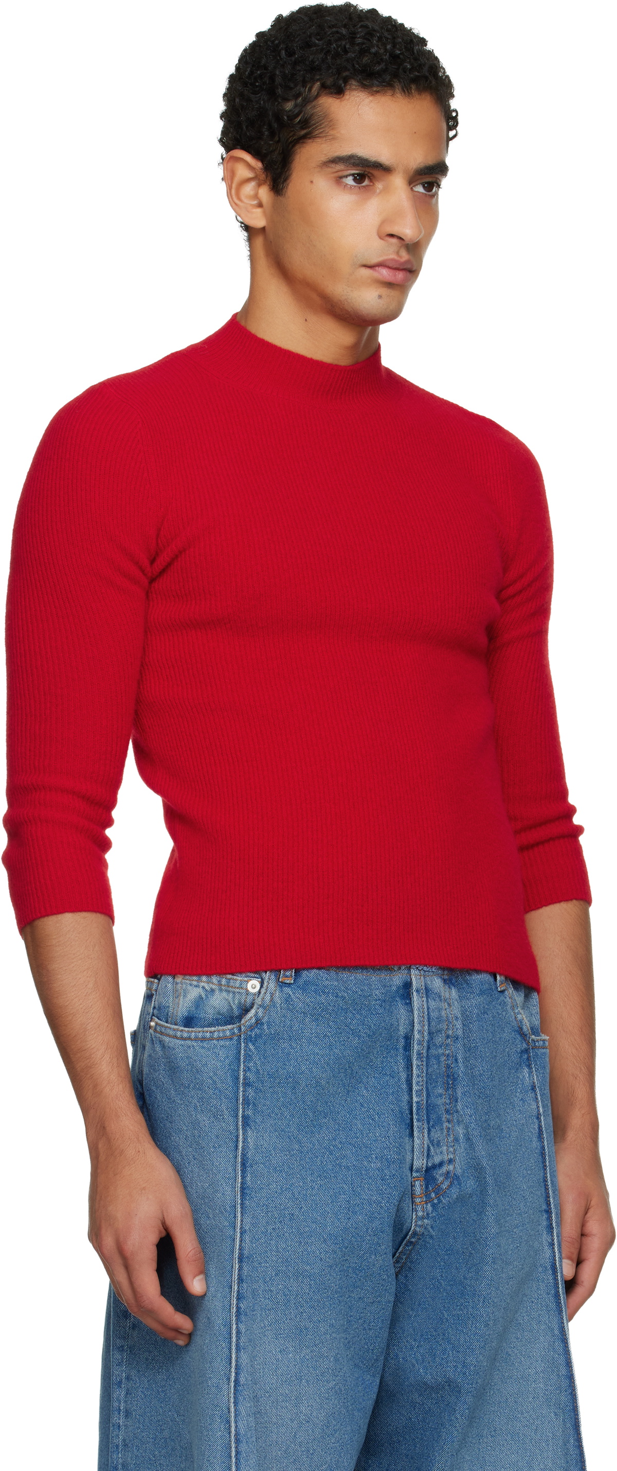 ALAINPAUL Red Knit 3/4 Sleeves Crewneck Sweater