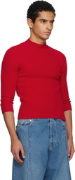 ALAINPAUL Red Knit 3/4 Sleeves Crewneck Sweater
