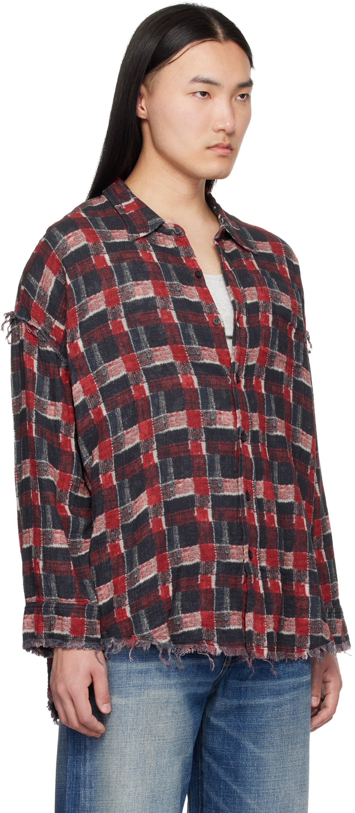 R13 Black & Red Shredded Seam Drop Neck Reversible Shirt