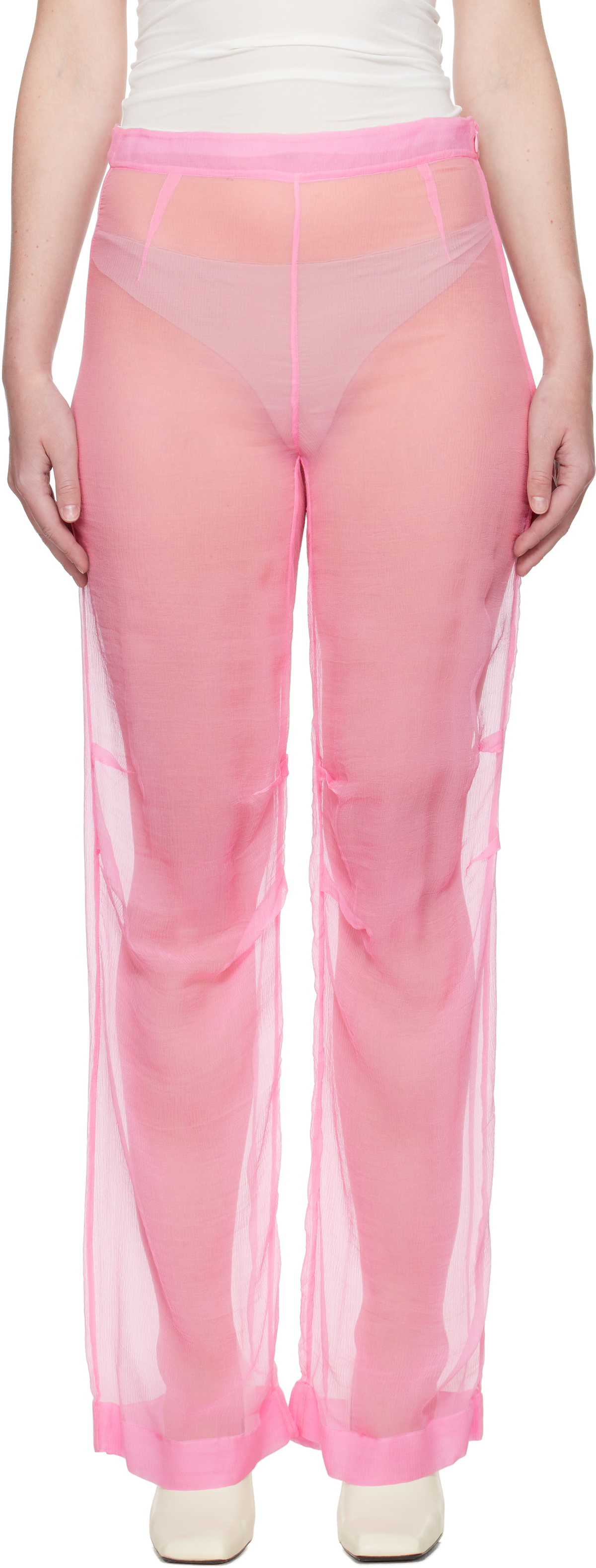 ALAINPAUL Pink Mousseline Silk Chiffon Knee Trousers