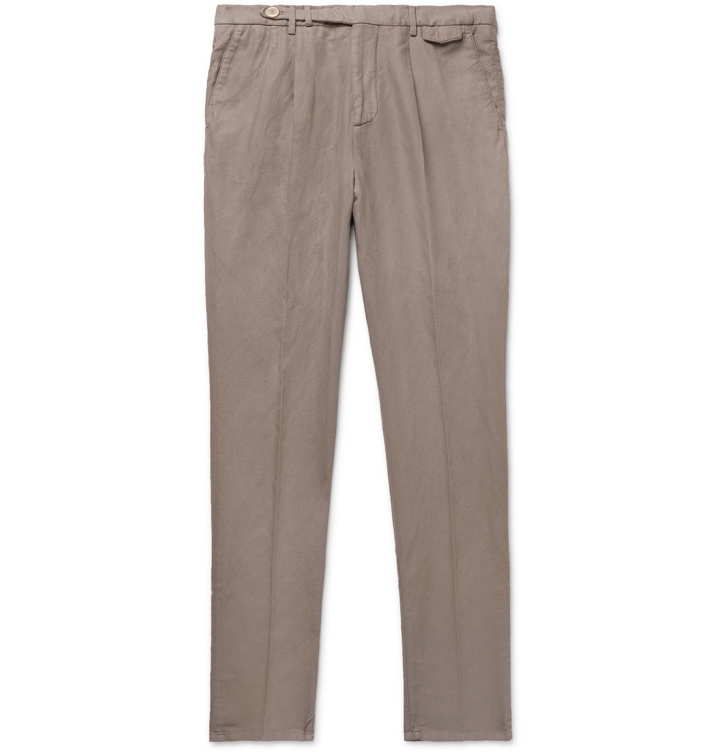 Photo: Brunello Cucinelli - Taupe Tapered Pleated Linen and Cotton-Blend Twill Trousers - Brown