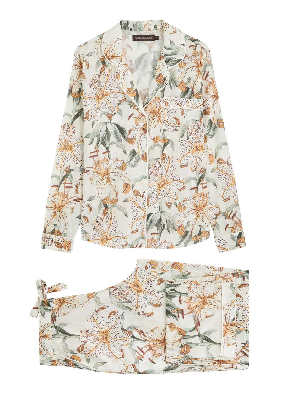Desmond & Dempsey Floral-printed Cotton Pyjama set Cream