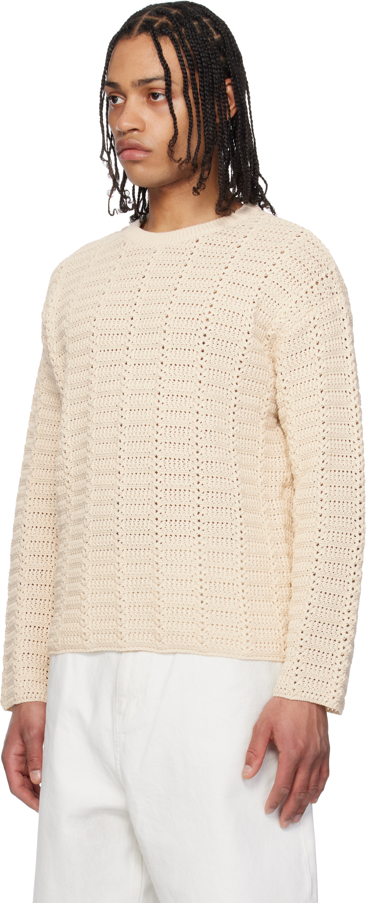 COOR Beige Cotton Crochet Pullover Knit Sweater