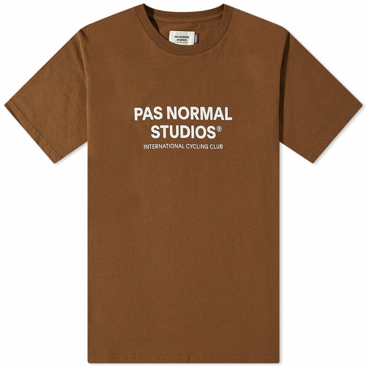 Photo: Pas Normal Studios Men's Off-Race Logo T-Shirt in Army Brown