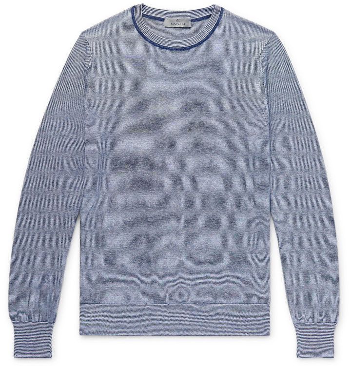 Photo: Canali - Striped Birdseye Cotton Sweater - Blue