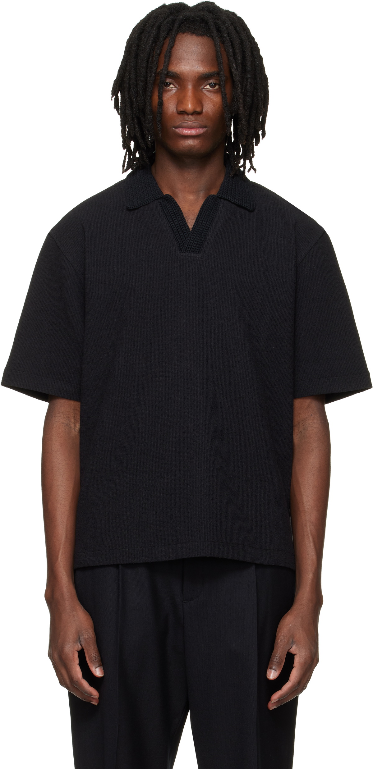 Solid Homme Black Knit Collared Short-Sleeve Polo