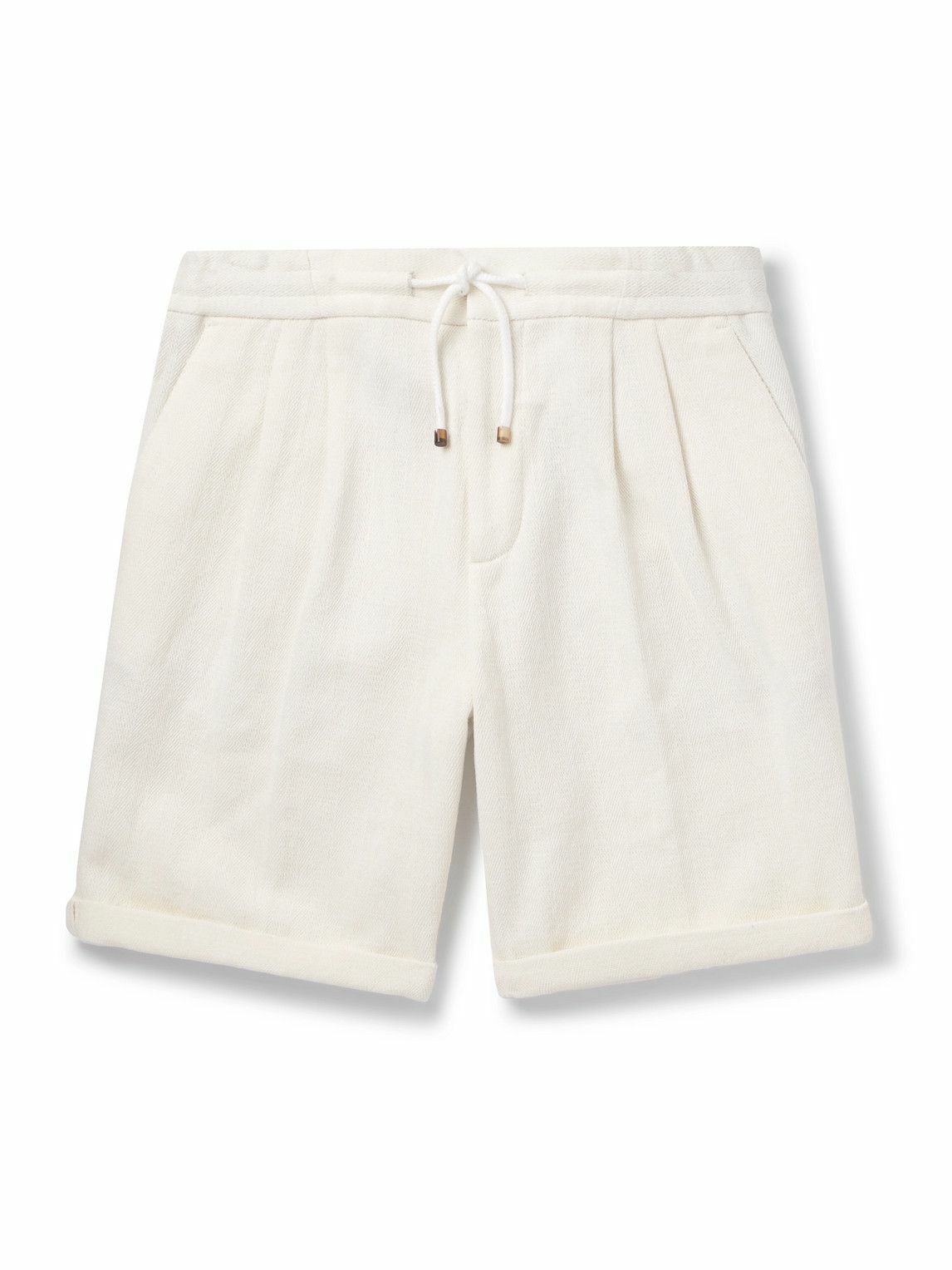 Brunello Cucinelli - Straight-Leg Pleated Herringbone Cotton and Linen-Blend Drawstring Bermuda Shorts - White