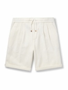 Brunello Cucinelli - Straight-Leg Pleated Herringbone Cotton and Linen-Blend Drawstring Bermuda Shorts - White