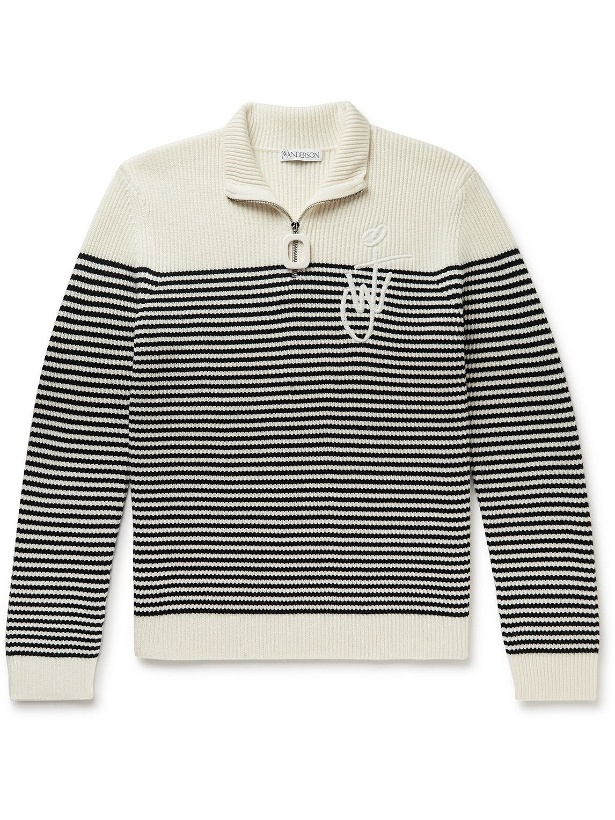 Photo: JW Anderson - Logo-Embroidered Striped Ribbed Merino Wool Half-Zip Sweater - Neutrals