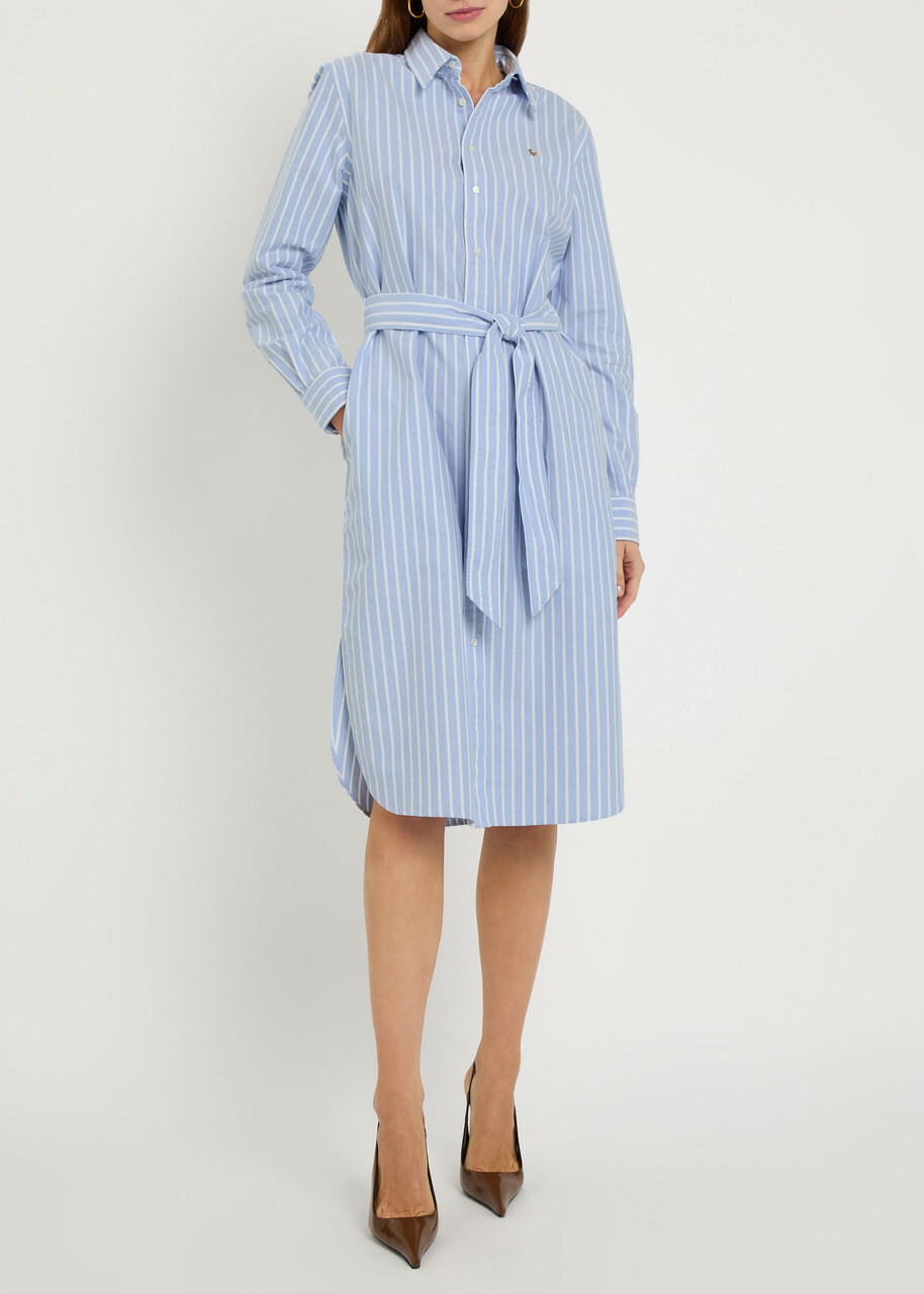 Polo Ralph Lauren Striped Belted Cotton Midi Shirt Dress Blue