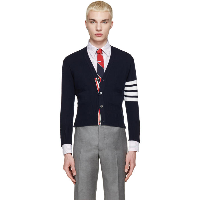 Photo: Thom Browne Navy Cashmere Striped Armband Cardigan