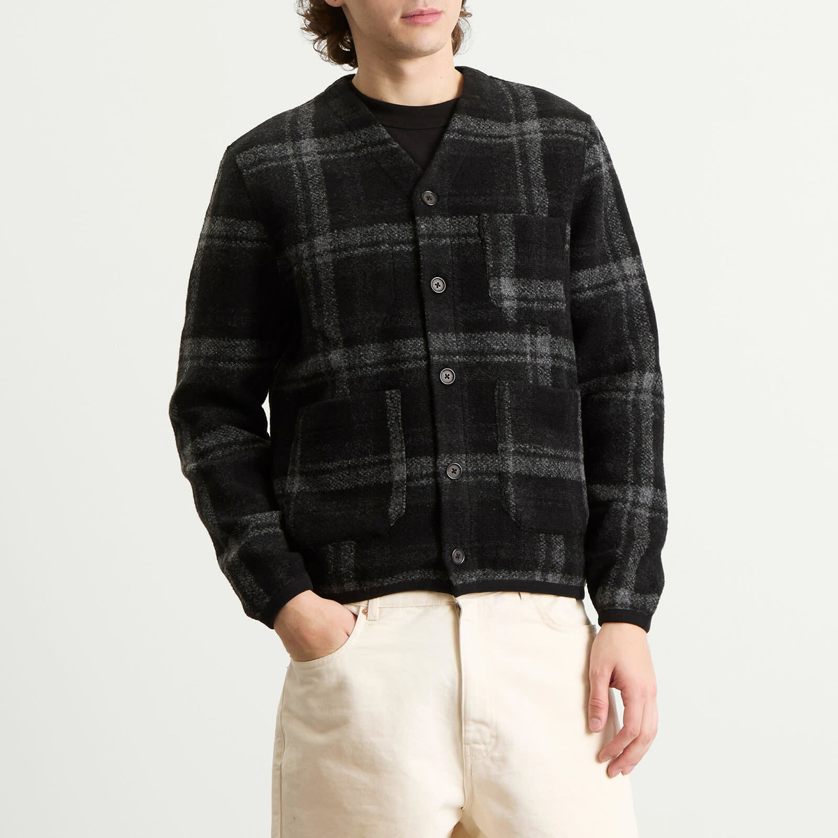 Universal Works Men's MOH Check Fleece Cardigan in Grey