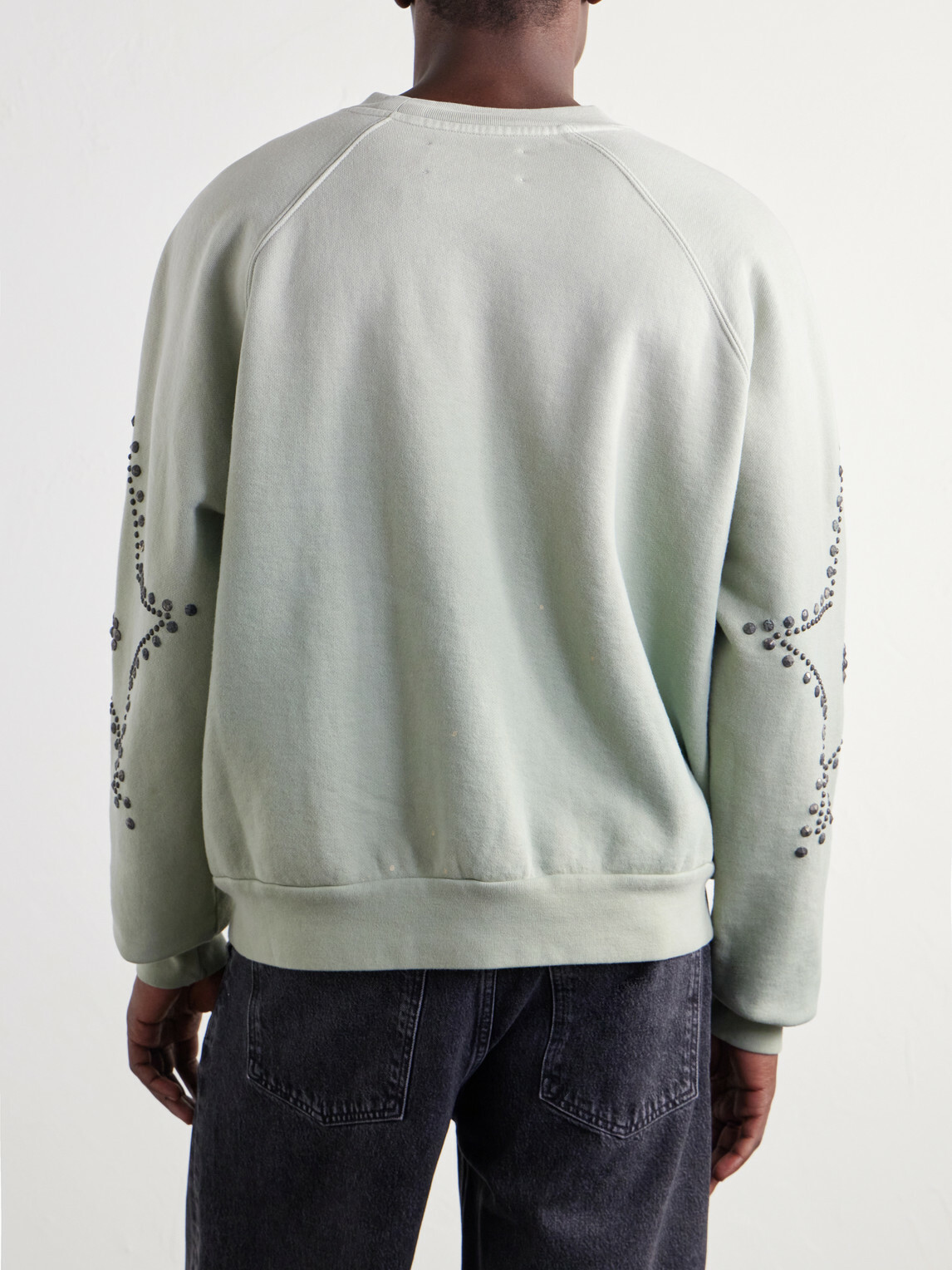 Satoshi Nakamoto - Distressed Studded Cotton-Jersey Sweatshirt - Green