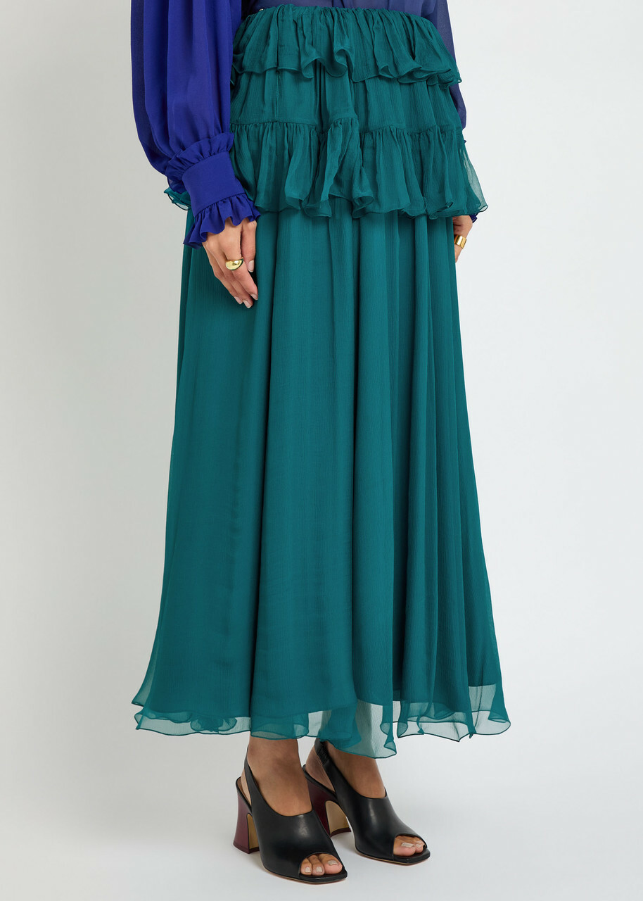 Chloe Ruffled Silk Maxi Skirt Teal