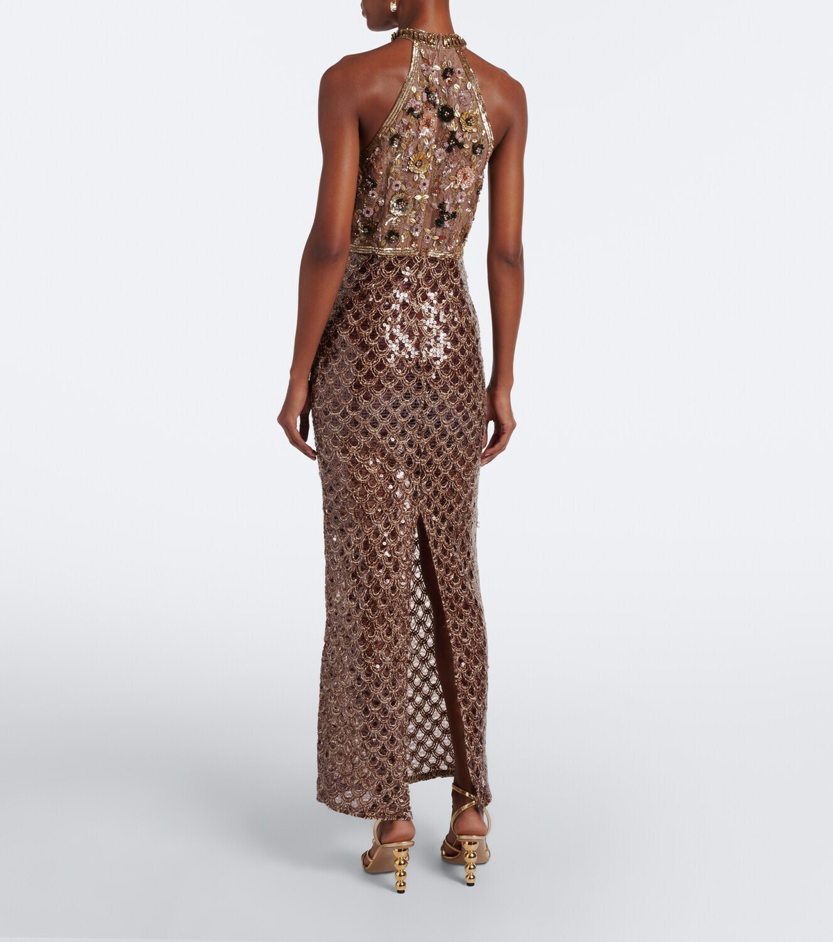 Là Fuori Scales of Gold embellished halterneck gown