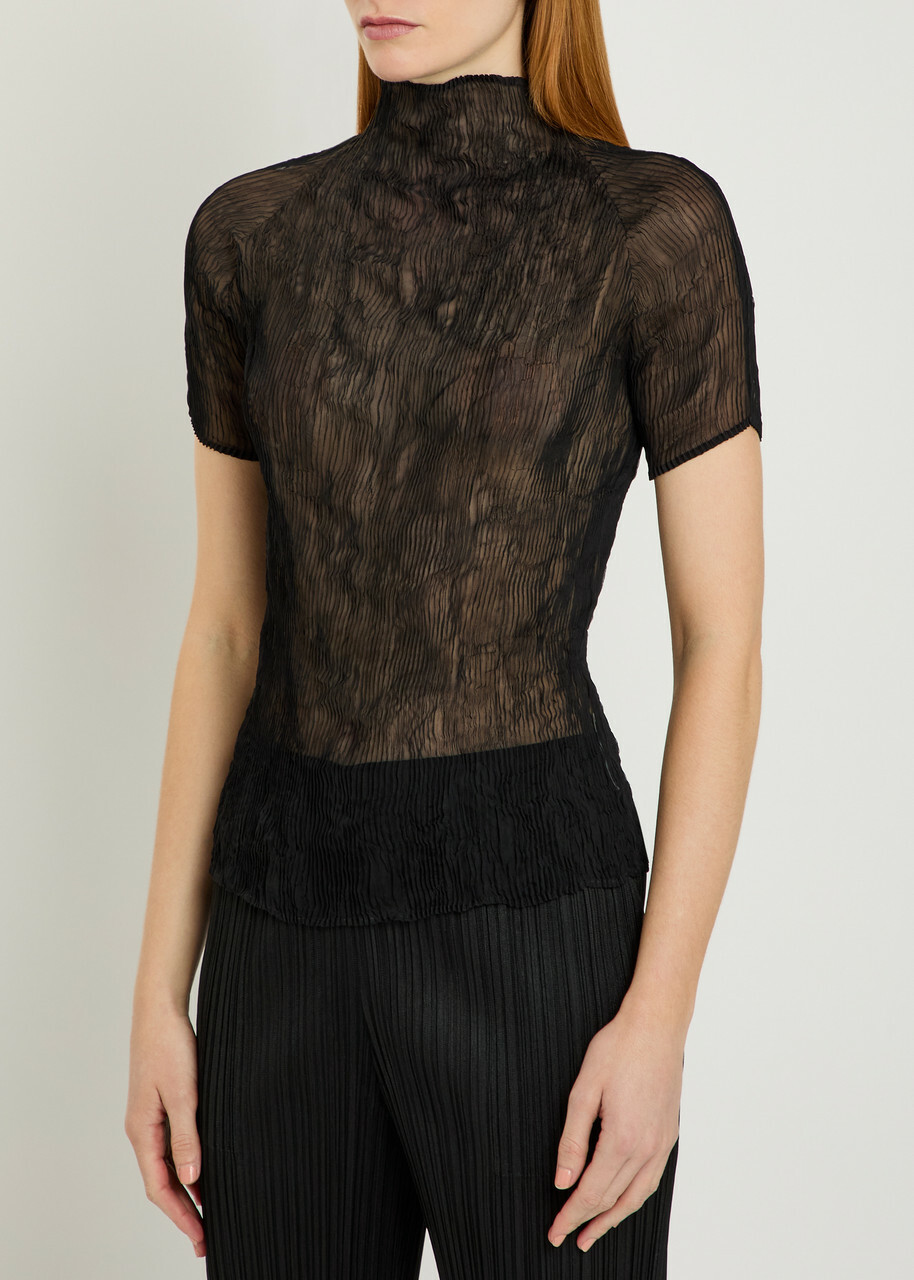 Issey Miyake Twist Pleated Semi-sheer Chiffon top Black