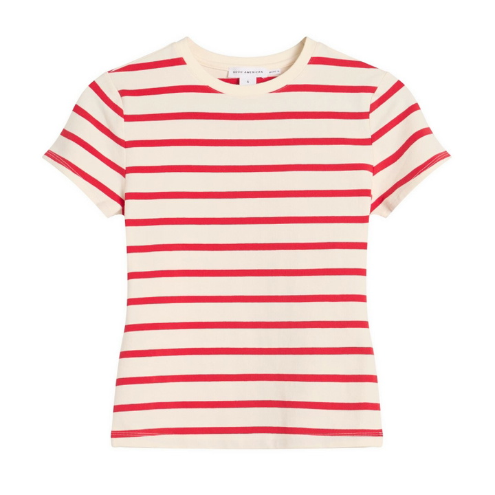 Photo: Good American Women's Super Stretch Baby T-Shirt in Ecru/Chili Wide Stripe
