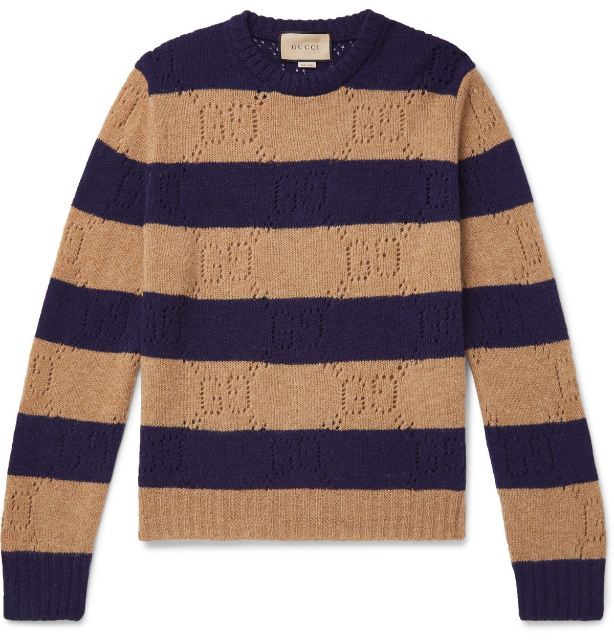 GUCCI - Logo-Detailed Striped Pointelle-Knit Wool Sweater - Neutrals