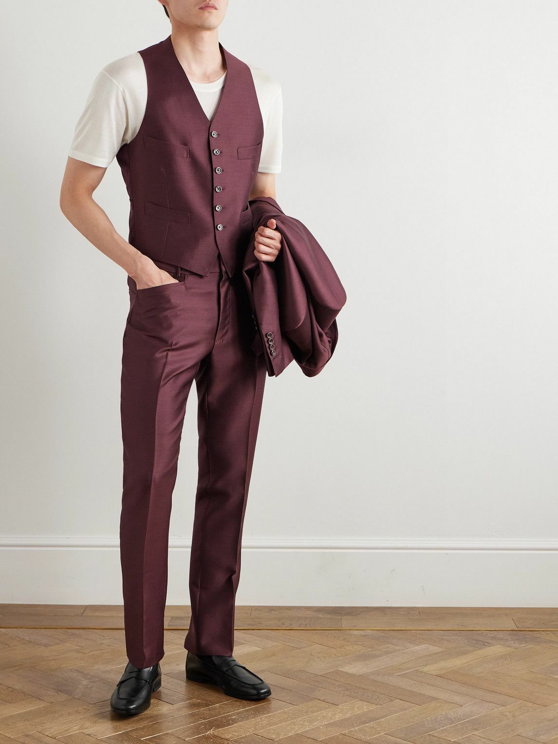 TOM FORD - Dyllan Wool, Mohair and Silk-Blend Twill Waistcoat - Burgundy
