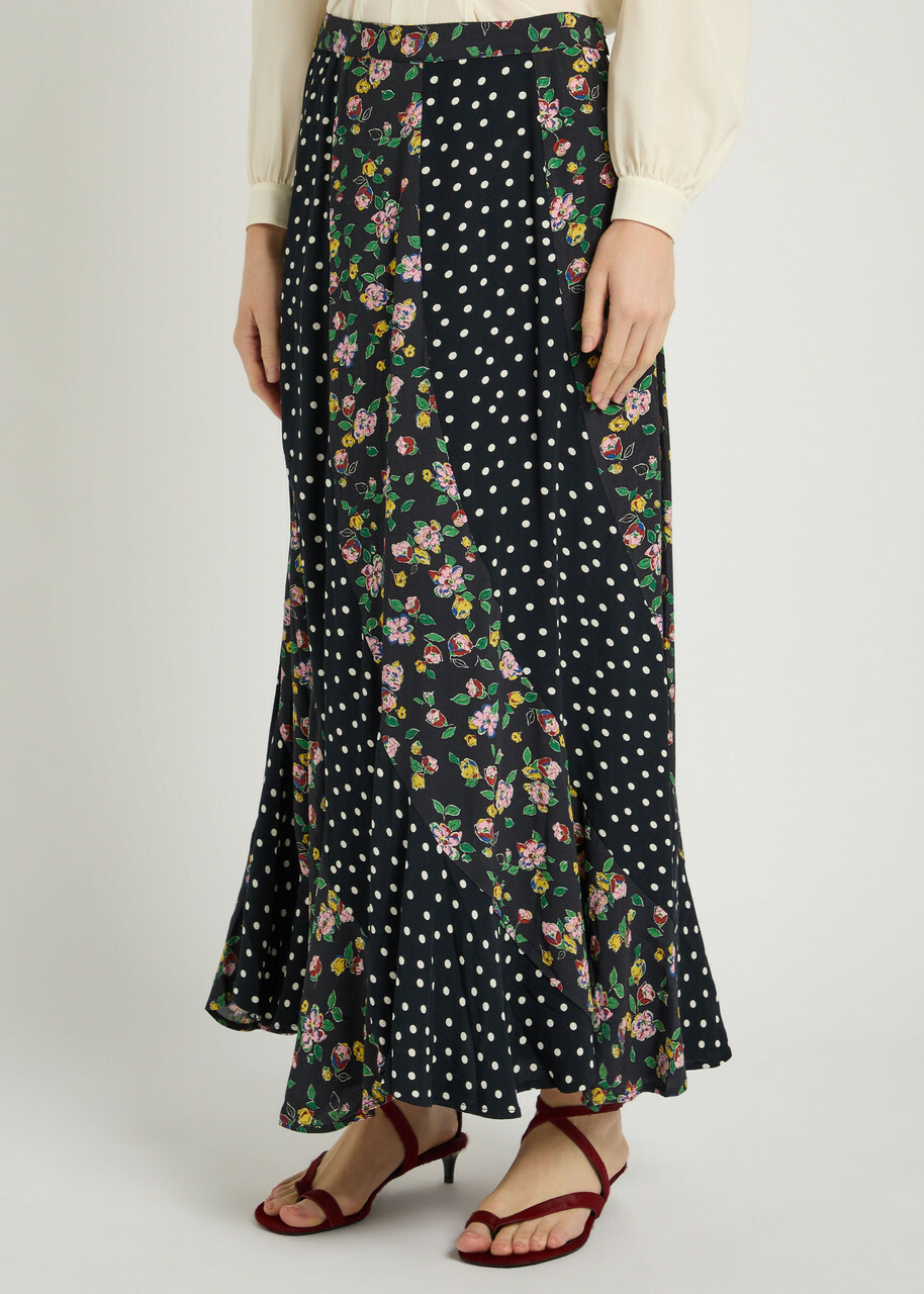 Rixo Gracella Panelled Polka dot and Floral Midi Skirt Black