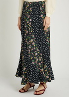 Rixo Gracella Panelled Polka dot and Floral Midi Skirt Black