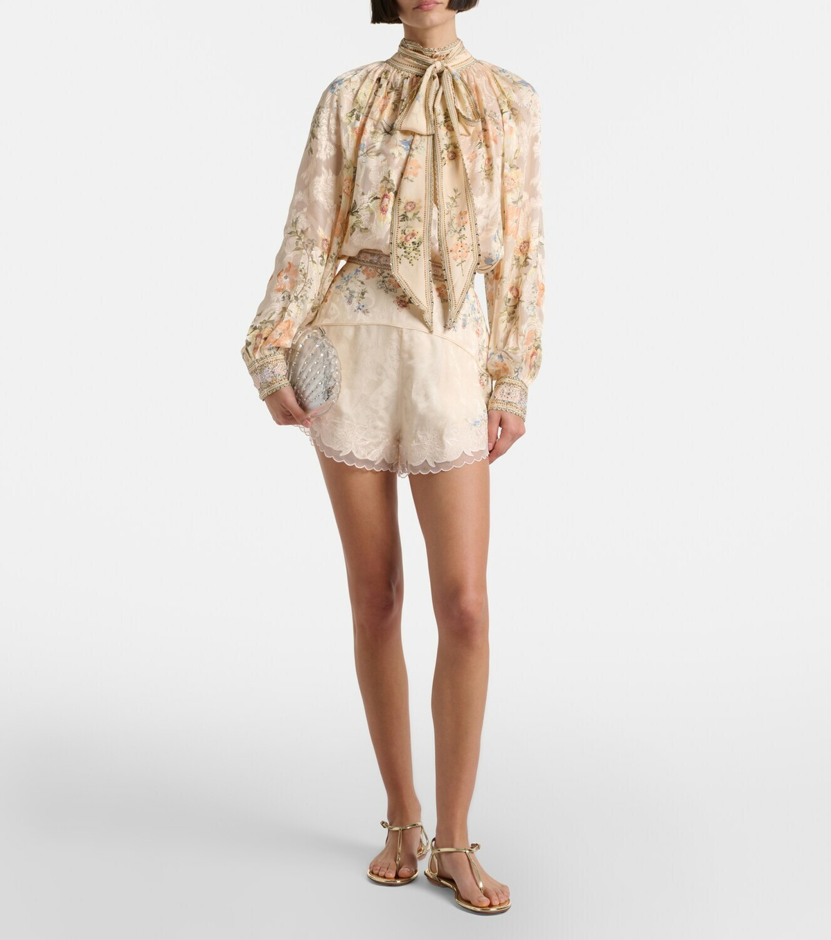 Camilla Embellished floral tie-neck silk-blend blouse