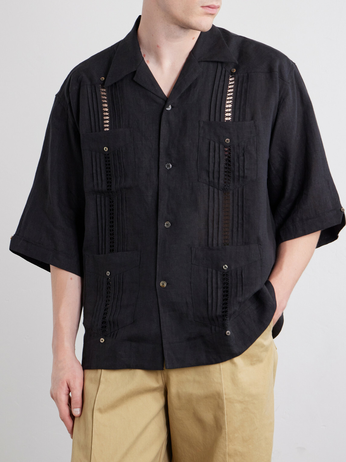 KAPITAL - Camp-Collar Pleated Linen Shirt - Black