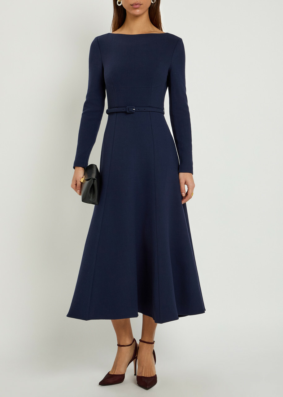 Roland Mouret Belted Wool Midi Dress Navy