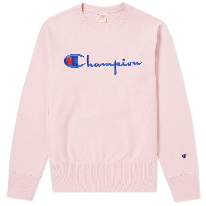 Photo: Champion Reverse Weave Script Logo Crew Sweat Pink