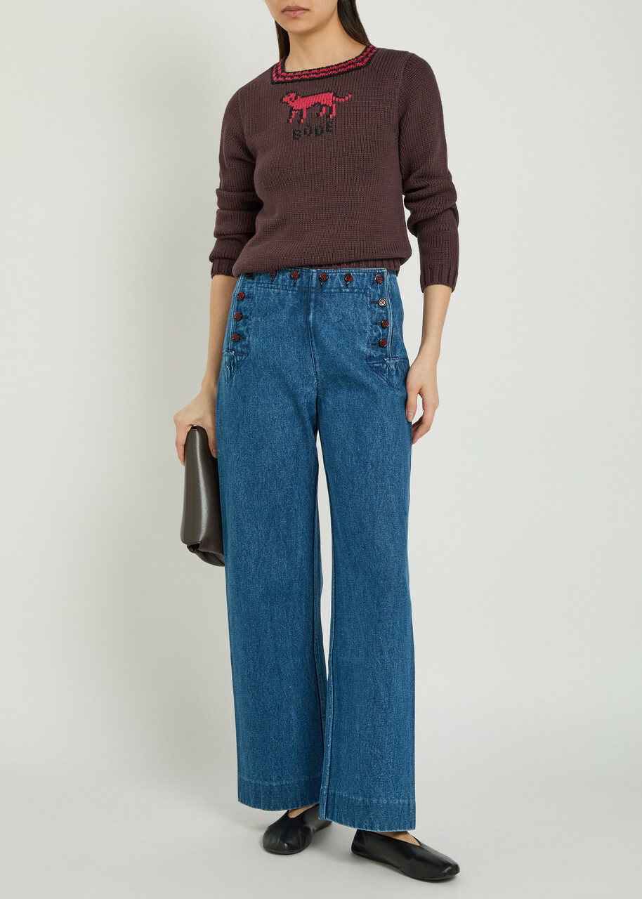Bode Lapdog Intarsia Cotton and Wool-blend top Brown