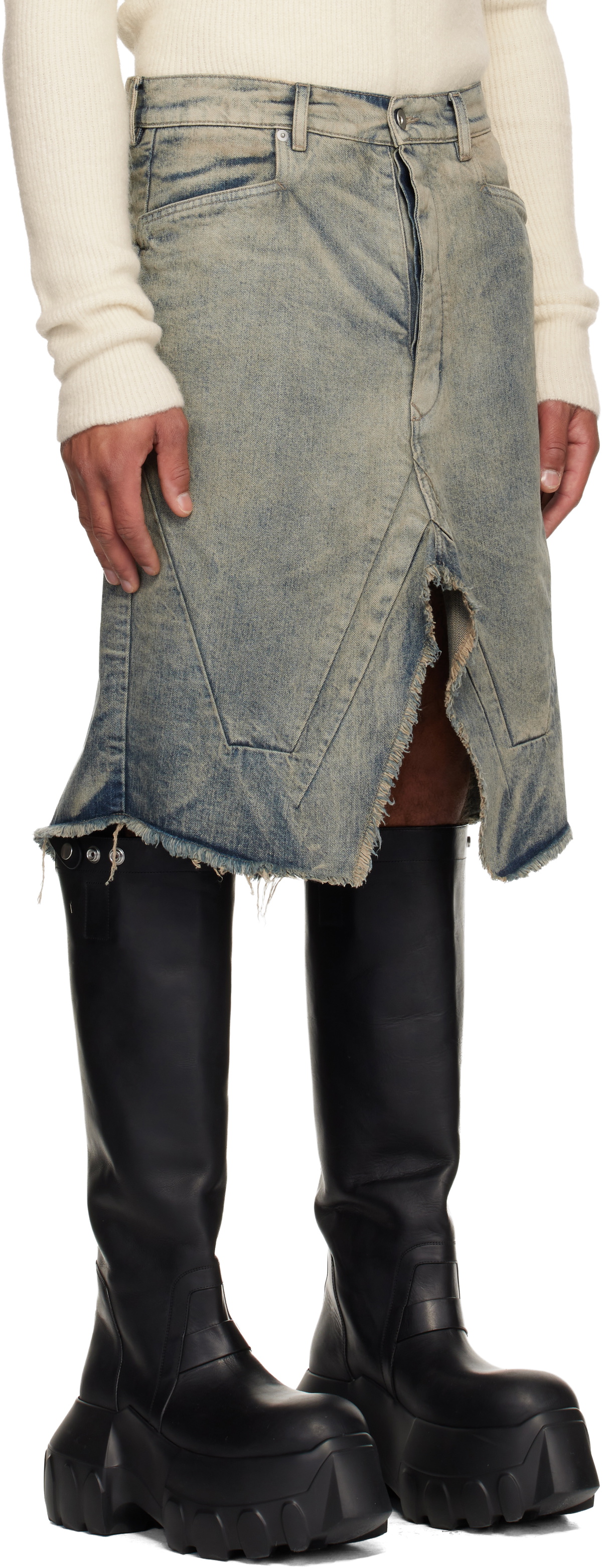 Rick Owens Blue Concordians Slivered Denim Midi Skirt