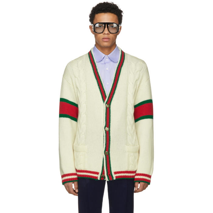 Dele Klassificer uddybe Gucci Off-White Wool Web Cable Knit Cardigan Gucci