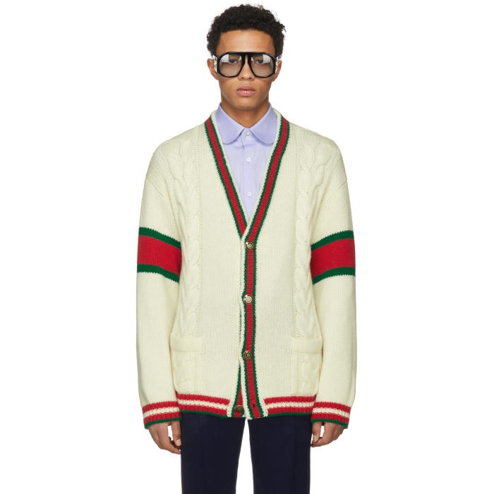 Photo: Gucci Off-White Wool Web Cable Knit Cardigan
