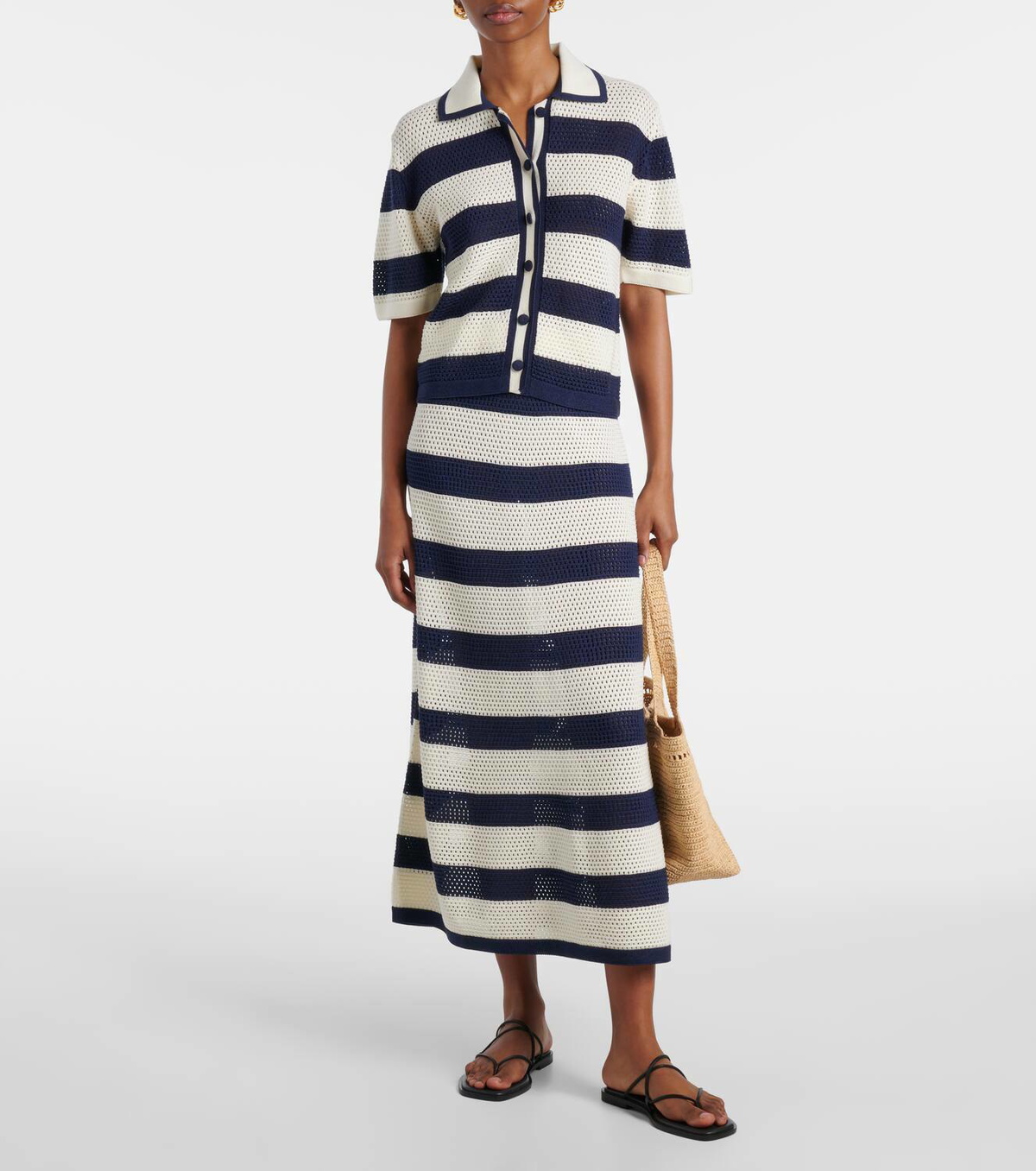 Eres Bateau striped knitted cotton-blend midi skirt