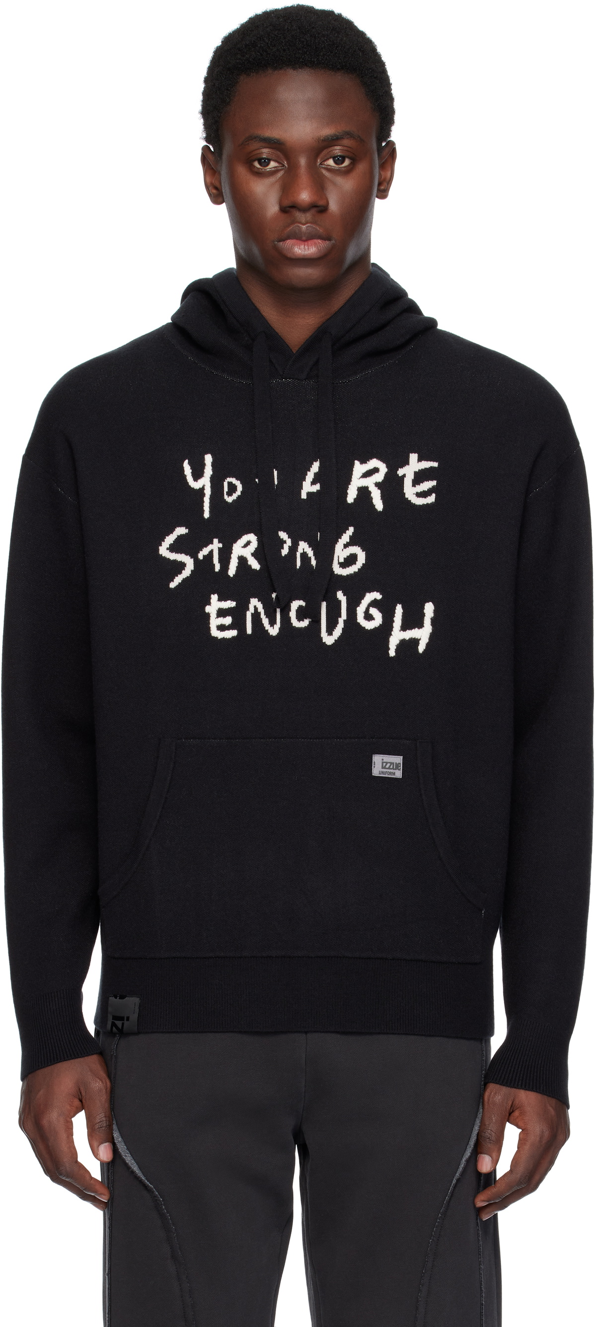 Izzue Black Slogan Knit Hoodie