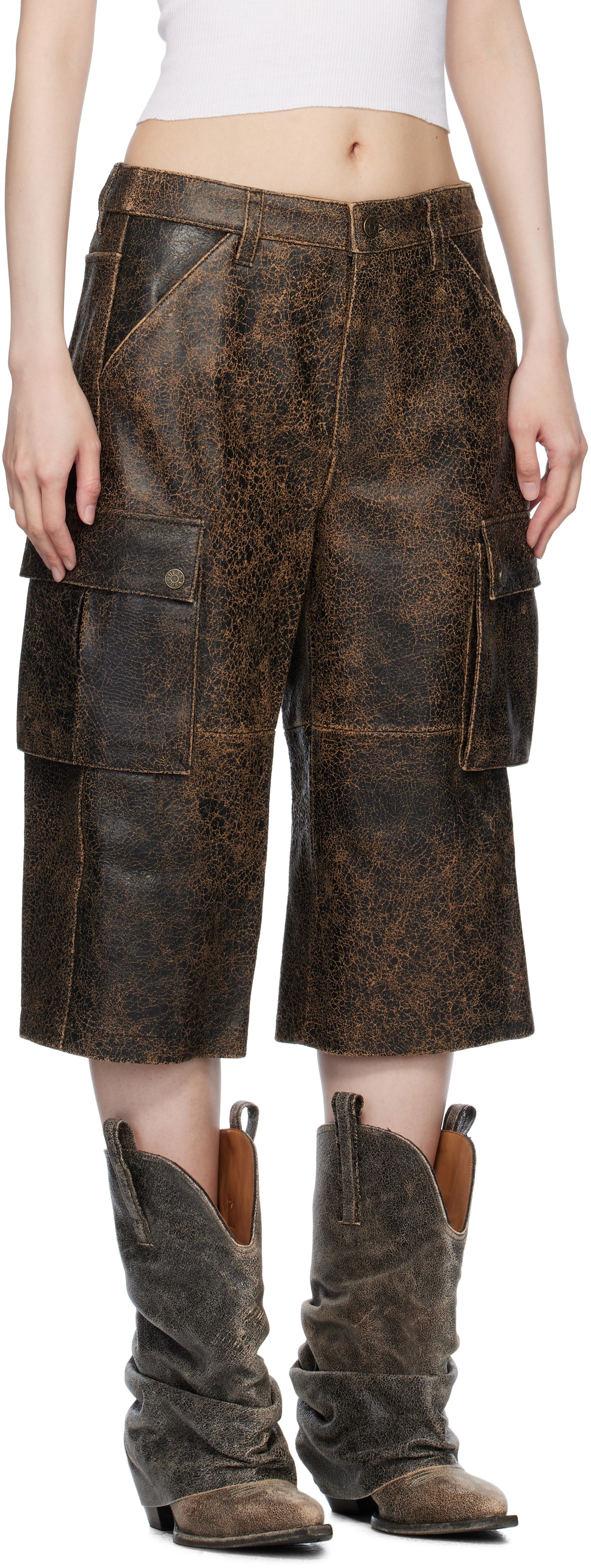 GUESS USA Brown Crackled Leather Cargo Shorts