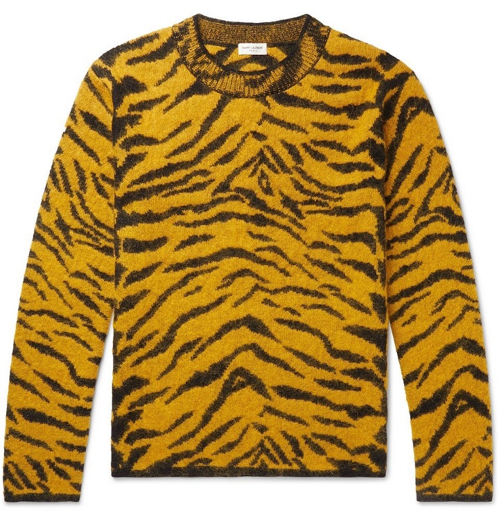 Photo: SAINT LAURENT - Slim-Fit Tiger-Intarsia Wool-Blend Sweater - Yellow