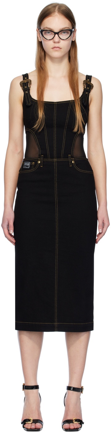 Photo: Versace Jeans Couture Black Baroque Buckle Denim Midi Dress