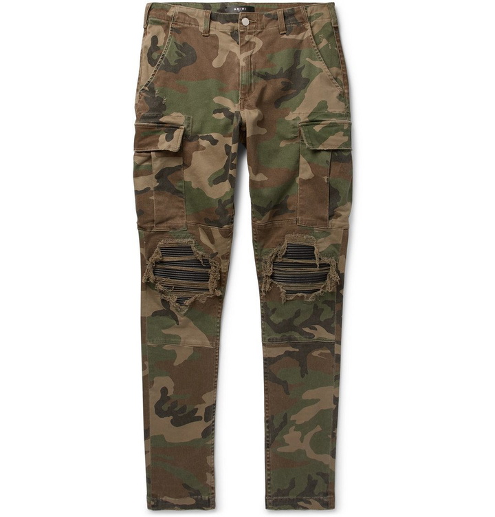 Photo: AMIRI - MX1 Camouflage-Print Slim-Fit Tapered Stretch-Cotton Twill Cargo Trousers - Army green