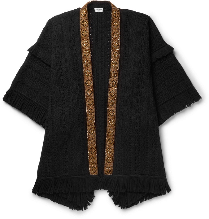 Photo: SAINT LAURENT - Embellished Fringed Virgin Wool Poncho - Black