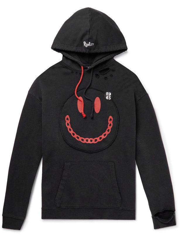 Photo: Raf Simons - Smiley Logo-Appliquéd Distressed Printed Cotton-Jersey Hoodie - Black