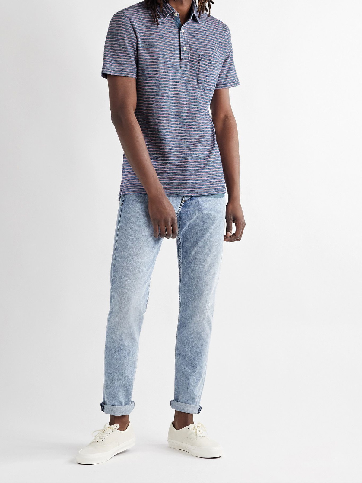 FAHERTY - Striped Slub Cotton-Jersey Polo Shirt - Blue Faherty