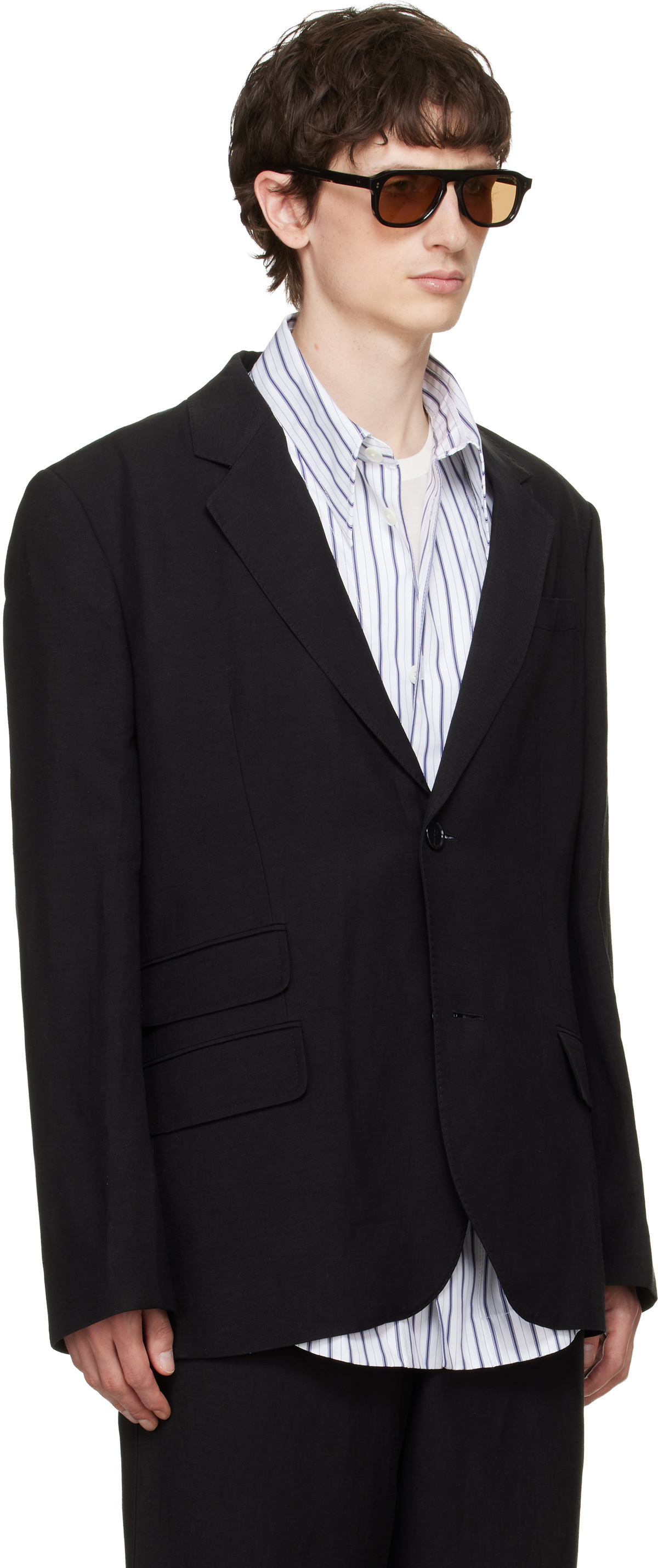AMI Paris Black Linen Blend Single-Breasted Straight Blazer