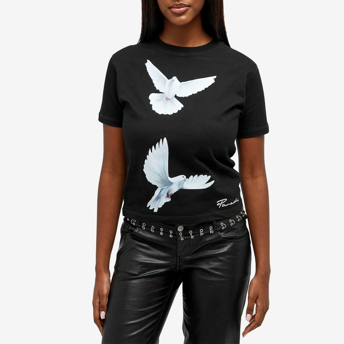 3.Paradis Women's Freedom Doves Cropped T-Shirt in Black
